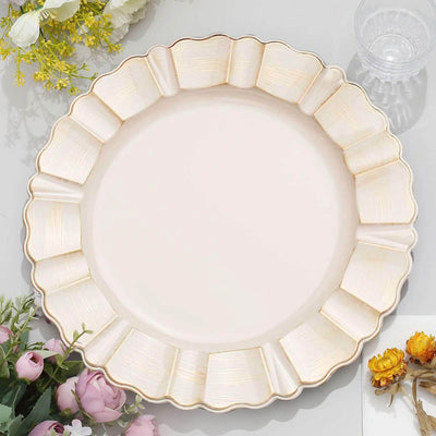 6-Pack Acrylic Plastic Round Charger Plates 13’’ in Beige with Gold Brushed Wavy Scalloped Rim Decorative Dinner Party