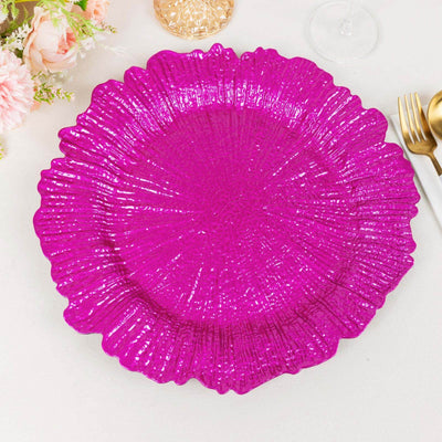 6-Pack Acrylic Plastic Round Charger Plates 13’’ in Fuchsia with Reef Design Dinner Charger Tableware - Decorative