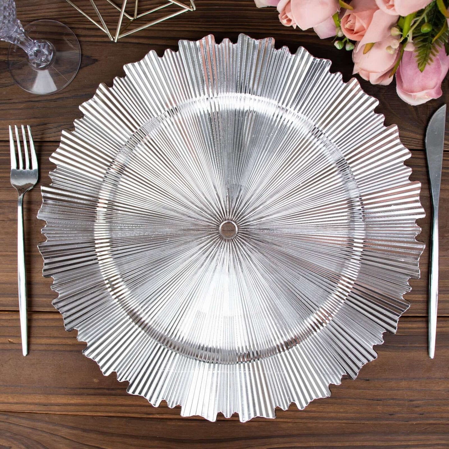 6-Pack Acrylic Plastic Round Charger Plates 13" in Metallic Silver with Sunray Scalloped Rim, Decorative Dinner Party Charger Tableware