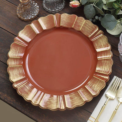 6-Pack Acrylic Plastic Round Charger Plates 13’’ in Terracotta (Rust) with Gold Brushed Wavy Scalloped Rim Decorative