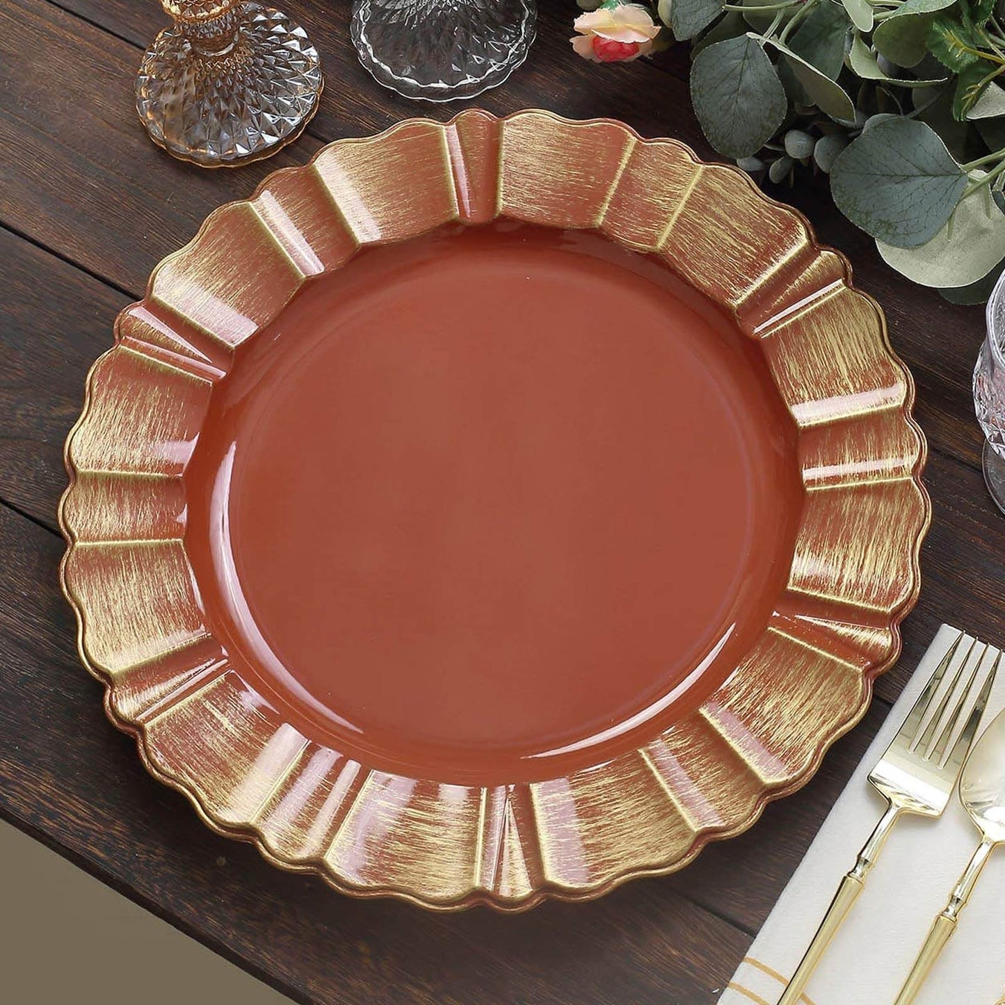6-Pack Acrylic Plastic Round Charger Plates 13" in Terracotta (Rust) with Gold Brushed Wavy Scalloped Rim, Decorative Dinner Party Charger Tableware