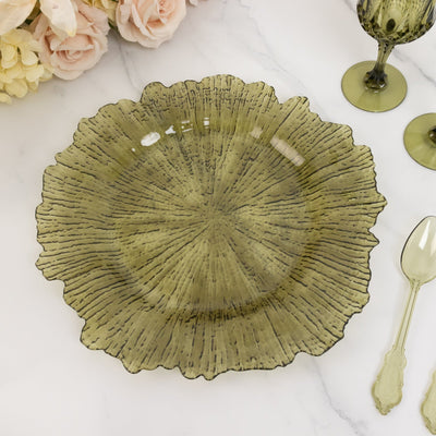 6-Pack Acrylic Plastic Round Charger Plates 13’’ in Transparent Dusty Sage Green with Reef Design Dinner Charger