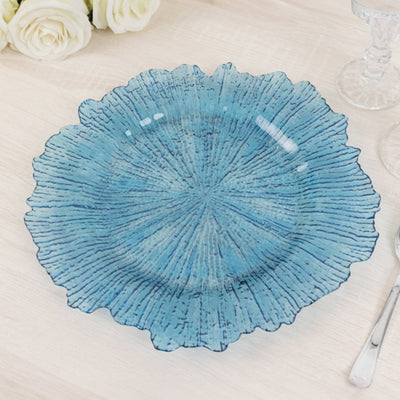 6-Pack Acrylic Plastic Round Charger Plates 13’’ in Transparent Dusty Blue with Reef Design Dinner Charger Tableware