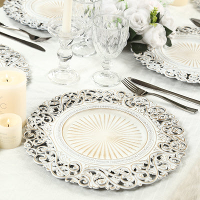 6-Pack Acrylic Round Charger Plates 13’’ in Antique White with Vintage Floral Carved Rim Event Tabletop Decorative