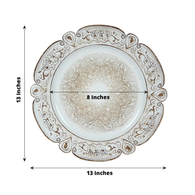 6-Pack Acrylic Round Charger Plates 13’’ in Antique White Floral Embossed with Scalloped Rim Plastic Decorative Charger