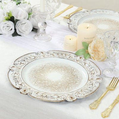 6-Pack Acrylic Round Charger Plates 13’’ in Antique White Floral Embossed with Scalloped Rim Plastic Decorative Charger