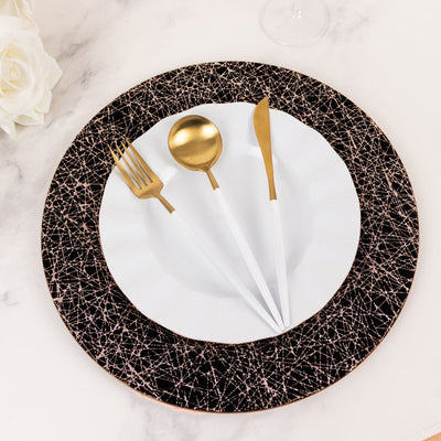 6-Pack Acrylic Round Charger Plates 13’’ in Black with Gold Glitter Abstract Lines Pattern Decorative Dinner Party