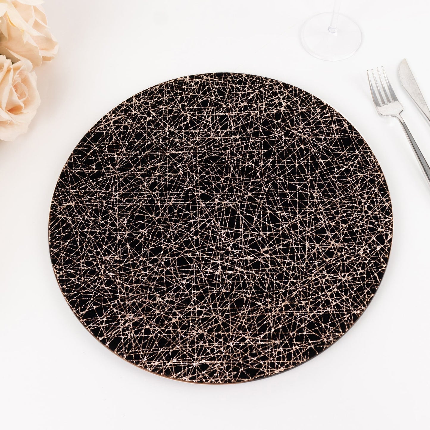 6-Pack Acrylic Round Charger Plates 13" in Black with Gold Glitter Abstract Lines Pattern, Decorative Dinner Party Charger Tableware