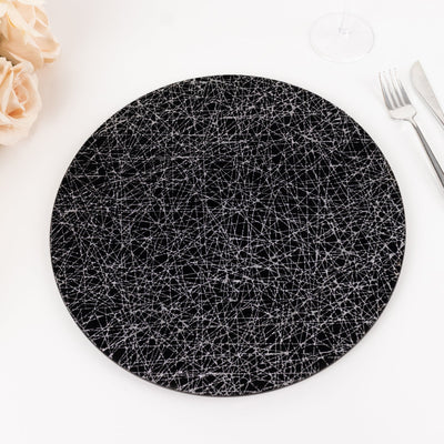 6-Pack Acrylic Round Charger Plates 13’’ in Black with Silver Glitter Abstract Lines Pattern Decorative Dinner Party