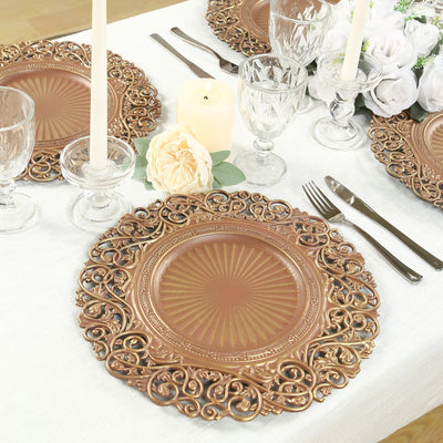 6-Pack Acrylic Round Charger Plates 13’’ in Brown / Brushed Gold with Vintage Floral Carved Rim Event Tabletop