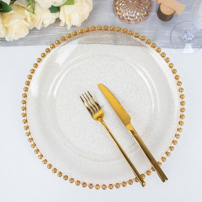 6-Pack Acrylic Round Charger Plates 13’’ in Clear Gold Glittered with Beaded Rim Decorative Dinner Party Serving Plates