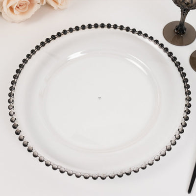 6-Pack Acrylic Round Charger Plates 13" in Clear with Black Beaded Rim, Decorative Dinner Party Charger Tableware
