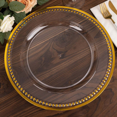 6-Pack Acrylic Round Charger Plates 13’’ in Clear with Gold Beaded Rim Dinner Charger Event Tabletop Decor - Decorative