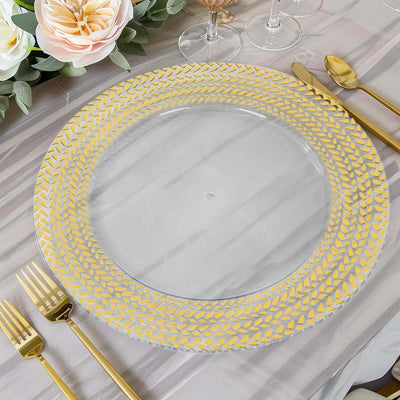 6-Pack Acrylic Round Charger Plates 13’’ in Clear with Gold Wheat Pattern Rim Stylish Dinner Party Charger Tableware