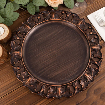 6-Pack Acrylic Round Charger Plates 13’’ in Dark Brown with Aristocrat Retro Baroque Rim Ornate Plastic Decorative