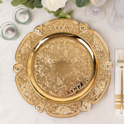6-Pack Acrylic Round Charger Plates 13’’ in Gold Floral Embossed with Scalloped Rim Plastic Decorative Charger
