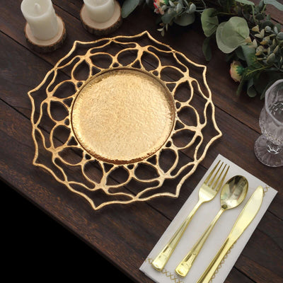 6-Pack Acrylic Round Charger Plates 13’’ in Gold with Floral Cutout Design Hollow Flower Plastic Decorative Dinner