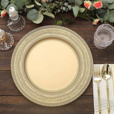 6-Pack Acrylic Round Charger Plates 13’’ in Gold with Lace Embossed Rim Rustic Plastic Decorative Charger Tableware
