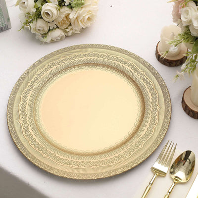 6-Pack Acrylic Round Charger Plates 13’’ in Gold with Lace Embossed Rim Rustic Plastic Decorative Charger Tableware
