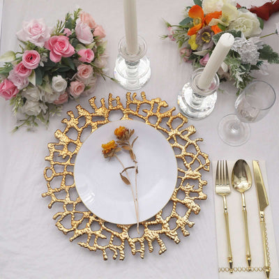 6-Pack Acrylic Round Charger Plates 13’’ in Gold with Molten Branch Design Plastic Hollow Lace Decorative Dinner Party