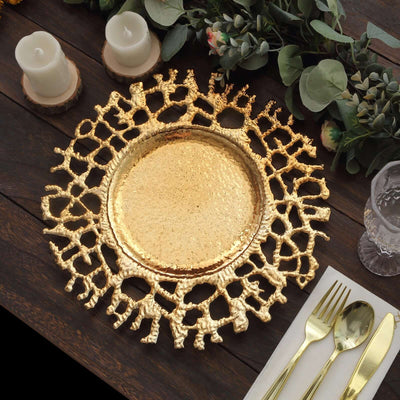 6-Pack Acrylic Round Charger Plates 13’’ in Gold with Molten Branch Design Plastic Hollow Lace Decorative Dinner Party