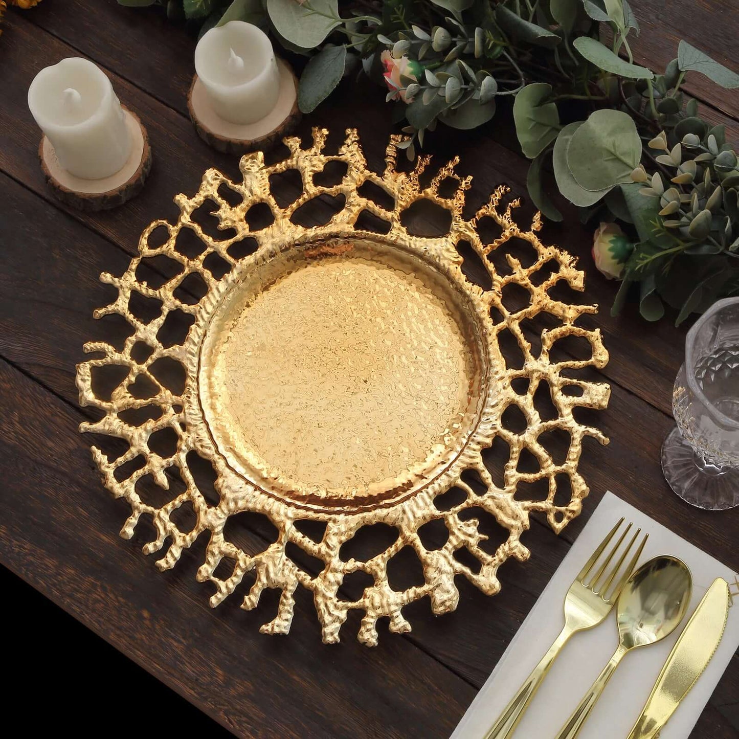 6-Pack Acrylic Round Charger Plates 13" in Gold with Molten Branch Design, Plastic Hollow Lace Decorative Dinner Party Charger Tableware