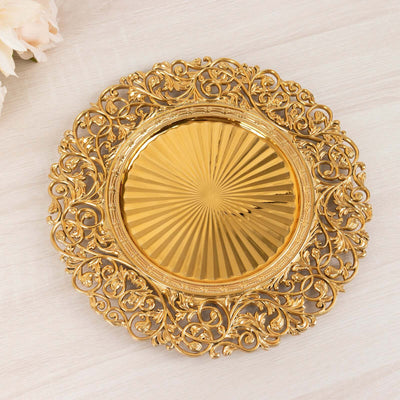 6-Pack Acrylic Round Charger Plates 13’’ in Gold with Vintage Floral Carved Rim Event Tabletop Decorative Charger