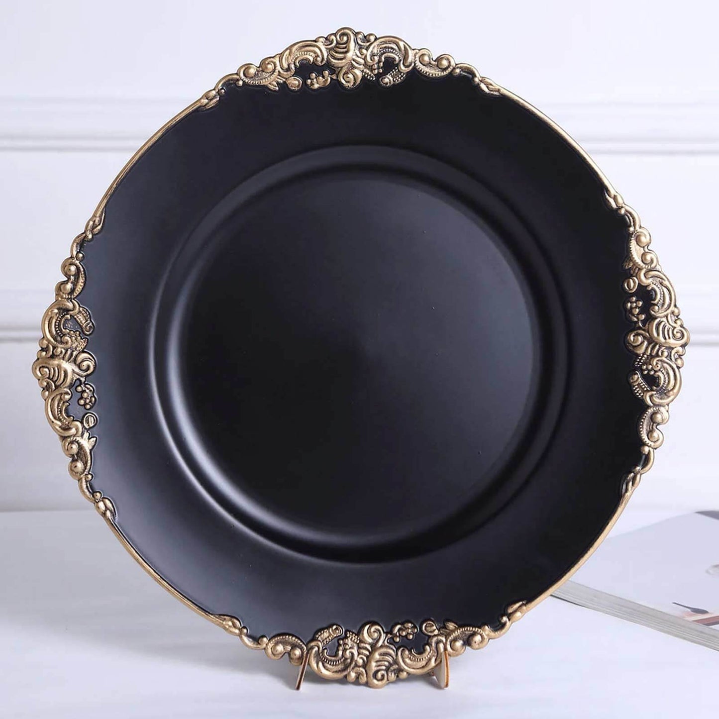 6-Pack Acrylic Round Charger Plates 13" in Matte Black with Gold Embossed Baroque Rim, Antique Decorative Dinner Party Charger Tableware