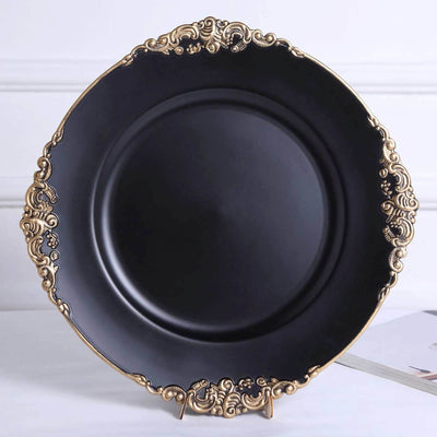 6-Pack Acrylic Round Charger Plates 13" in Matte Black with Gold Embossed Baroque Rim, Antique Decorative Dinner Party Charger Tableware