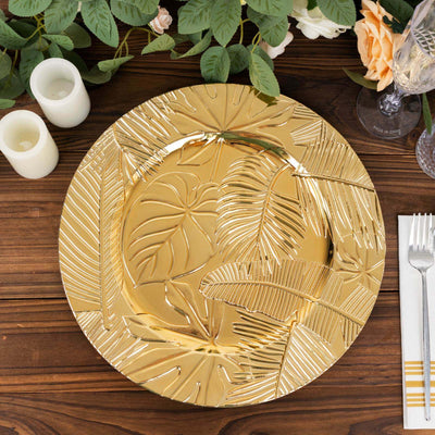 6-Pack Acrylic Round Charger Plates 13’’ in Metallic Gold with Embossed Tropical Leaves Decorative Dinner Charger
