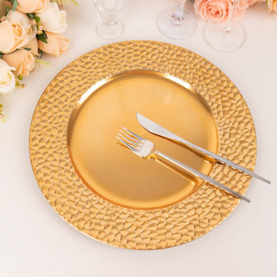 6-Pack Acrylic Round Charger Plates 13’’ in Metallic Gold with Hammered Rim Plastic Decorative Dinner Party Charger