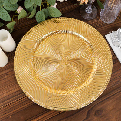 6-Pack Acrylic Round Charger Plates 13’’ in Metallic Gold Swirl Pattern with Beaded Rim Plastic Decorative Dinner Party