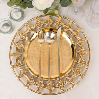 6-Pack Acrylic Round Charger Plates 13’’ in Metallic Gold with Hollow Semi Circle Rim Plastic Decorative Charger