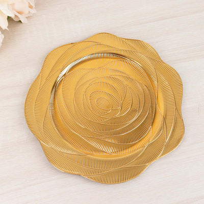 6-Pack Acrylic Round Charger Plates 13’’ in Metallic Gold with Ribbed Rose Pattern Event Tabletop Decorative Charger
