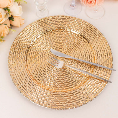 6-Pack Acrylic Round Charger Plates 13’’ in Metallic Gold with Swirl Rattan Pattern Farmhouse Plastic Charger Tableware