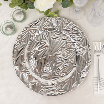6-Pack Acrylic Round Charger Plates 13’’ in Metallic Silver with Rock Cut Design Durable Plastic Dinner Charger