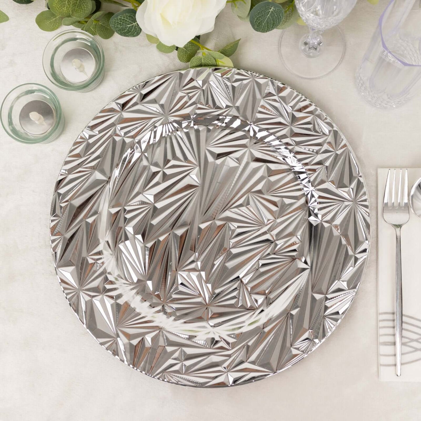 6-Pack Acrylic Round Charger Plates 13" in Metallic Silver with Rock Cut Design, Durable Plastic Dinner Charger Tableware