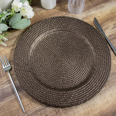 6-Pack Acrylic Round Charger Plates 13’’ in Natural Brown with Rattan-Like Design Farmhouse Disposable Plastic Charger