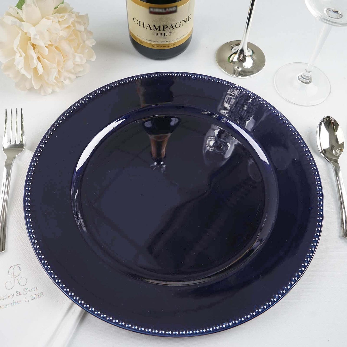 6-Pack Acrylic Round Charger Plates 13" in Navy Blue with Beaded Rim, Dinner Charger Event Tabletop Decor
