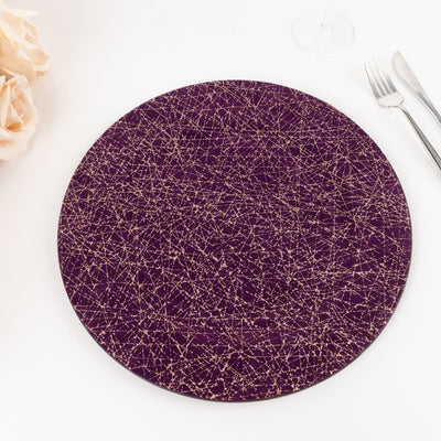 6-Pack Acrylic Round Charger Plates 13’’ in Purple with Gold Glitter Abstract Lines Pattern Decorative Dinner Party