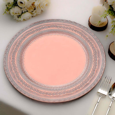 6-Pack Acrylic Round Charger Plates 13’’ in Rose Gold with Lace Embossed Rim Rustic Plastic Decorative Charger