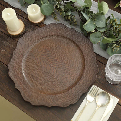 6-Pack Acrylic Round Charger Plates 13’’ in Rustic Brown with Wood Grain Scalloped Rim Decorative Dinner Party Charger