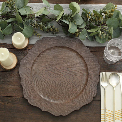 6-Pack Acrylic Round Charger Plates 13’’ in Rustic Brown with Wood Grain Scalloped Rim Decorative Dinner Party Charger