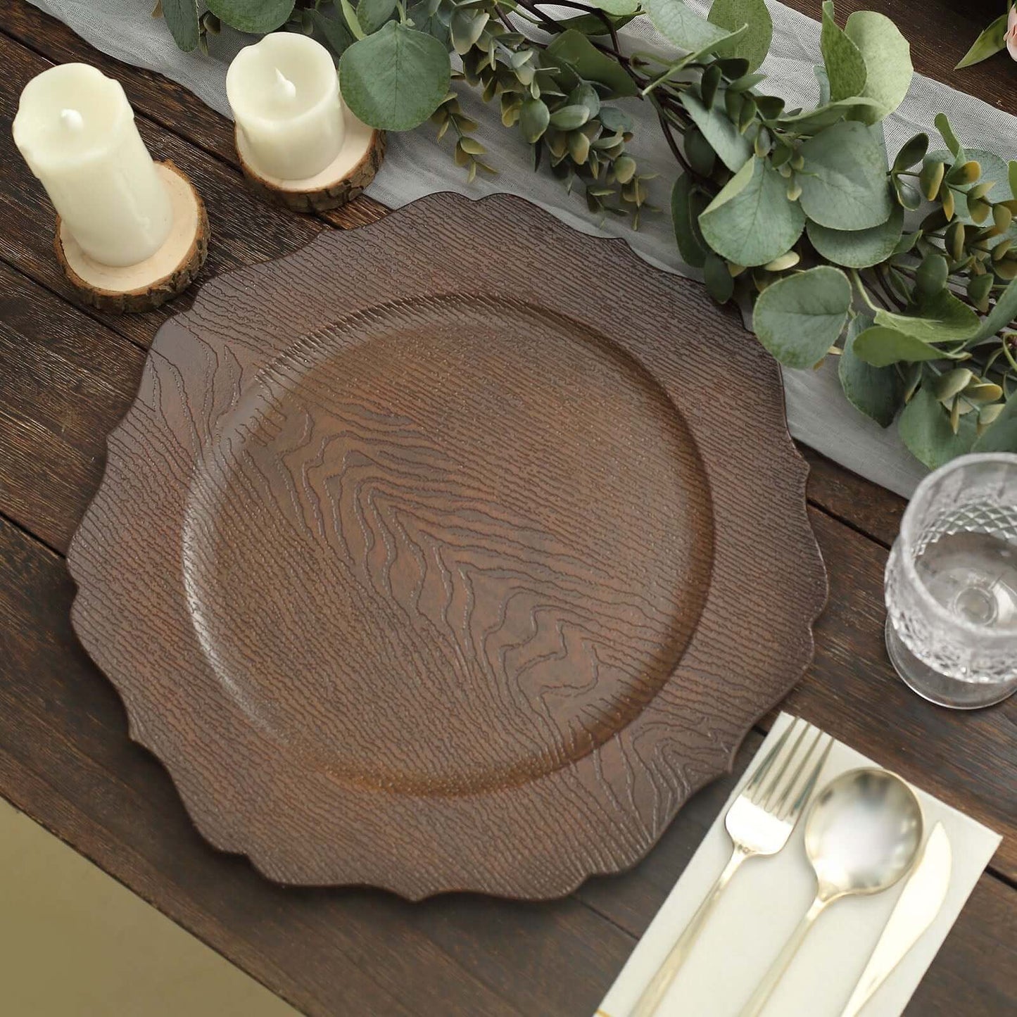 6-Pack Acrylic Round Charger Plates 13" in Rustic Brown with Wood Grain Scalloped Rim, Decorative Dinner Party Charger Tableware
