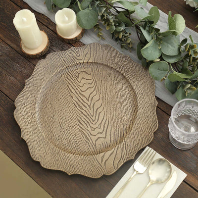 6-Pack Acrylic Round Charger Plates 13’’ in Rustic Natural with Wood Grain Scalloped Rim Decorative Dinner Party