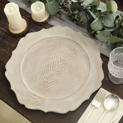6-Pack Acrylic Round Charger Plates 13’’ in Rustic White with Wood Grain Scalloped Rim Decorative Dinner Party Charger