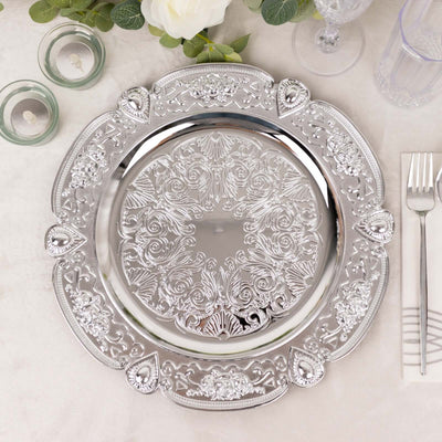6-Pack Acrylic Round Charger Plates 13’’ in Silver Floral Embossed with Scalloped Rim Plastic Decorative Charger