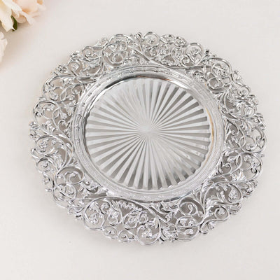 6-Pack Acrylic Round Charger Plates 13’’ in SIlver with Vintage Floral Carved Rim Event Tabletop Decorative Charger