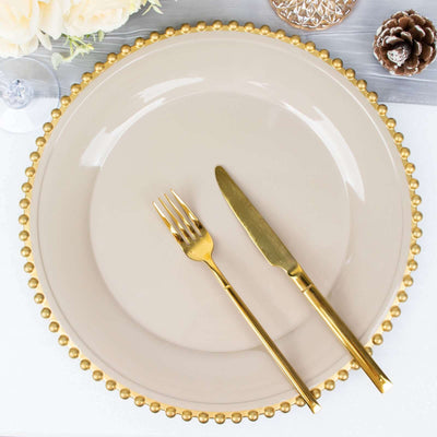 6-Pack Acrylic Round Charger Plates 13’’ in Taupe with Gold Beaded Rim Decorative Dinner Party Charger Tableware
