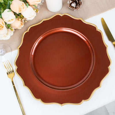 6-Pack Acrylic Round Charger Plates 13’’ in Terracotta (Rust) with Gold Scalloped Rim Decorative Dinner Party Plastic
